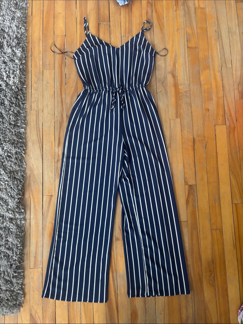 Navy Vertical-Stripe Spaghetti-Strap Jumpsuit